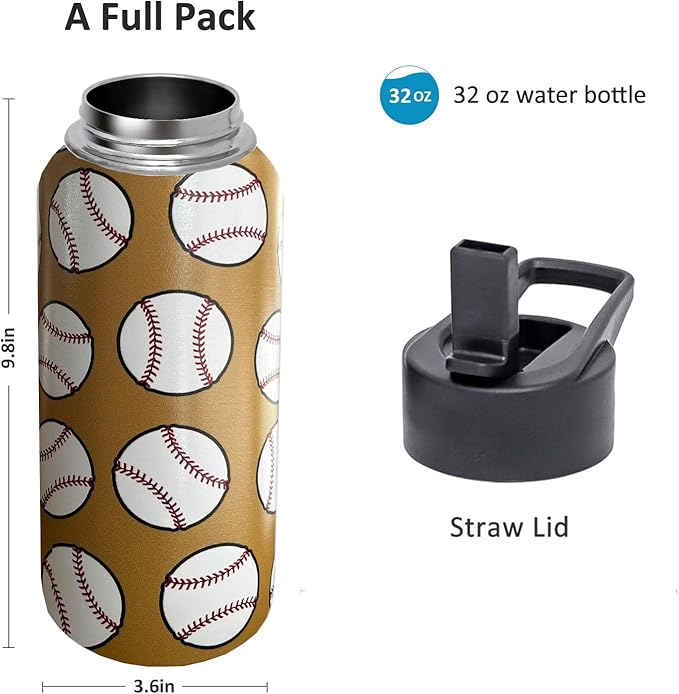 32 oz Baseball Water Bottle Insulated Vacuum Stainless Steel Sports Water Bottle with 2 Lids (Straw and Spout Lid) for Gym Camping Hiking