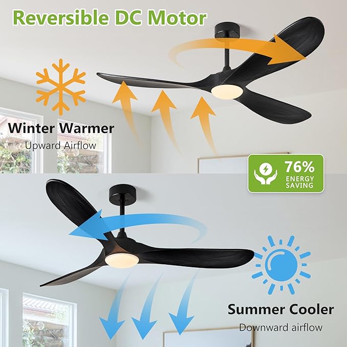 Ceiling Fans with Lights, 60 Inch Solid Wood Black Ceiling Fans with Lights and Remote Control for Outdoor Ceiling Fan with Light Propeller for Porch Farmhouse, DC ETL Listed, Matte Black