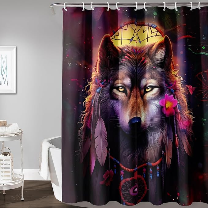 AILONEN 3D Wolf Dream Catcher Shower Curtain for Bathroom,Safari Wolf Printed Bath Curtain for Boys Men,Wildlife Decoration Shower Curtain Waterproof 60" W*72" H