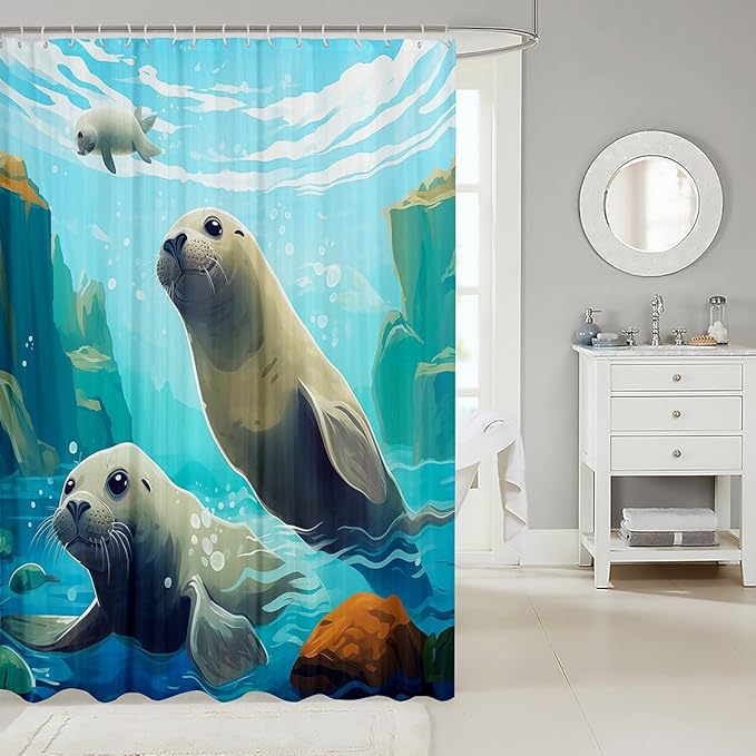 Feelyou Manatee Fabric Shower Curtain for Kids Boys Girls Cute Manatee Bathroom Waterproof Accessories with 12 Hooks Ocean Animal Shower Curtain Ocean Theme Curtains,72x72 Inches