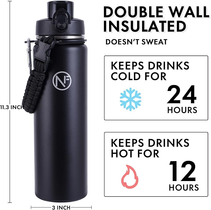 32 oz Insulated Water Bottle With Detachable Straw & Paracord Handle, Stainless Steel Thermos Water Bottle with Leakproof Lockable Lid, BPA-Free Sports Bottle (Black)