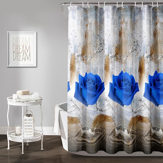 AILONEN Blue Rose Shower Curtain for Girls 3D Rose Water Droplet Retro Bathroom Decor,Modern Rose Flower Couple Lover Women Bath Curtain 48" W*72" H Polyester Waterproof Bathroom Curtain with Hooks