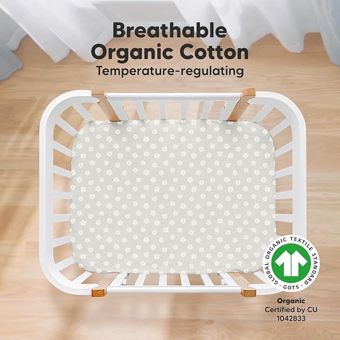 2-Pack Mini Crib Sheets Fitted, Pack and Play Sheets - Organic Cotton Pack N Play Sheets for Pack and Play Mattress, Playard Baby Crib Sheets, Jersey Crib Sheets Neutral for Boys, Girls (Meadow)