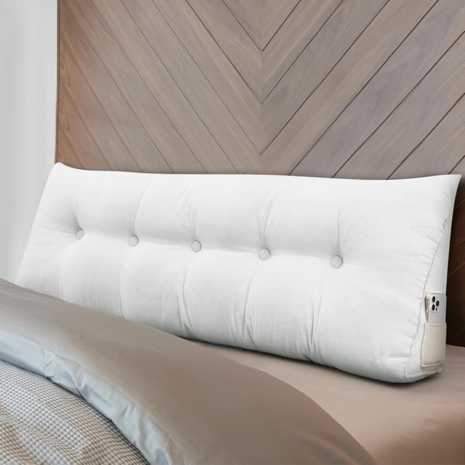 Wenqik Wedge Pillow Triangular Dorm Headboard Bed Rest Reading Backrest Back Support Long Bolster Pillow with Removable Cover for Dorm Room Supplies(White,Queen (59 x 20 x 8 Inch))