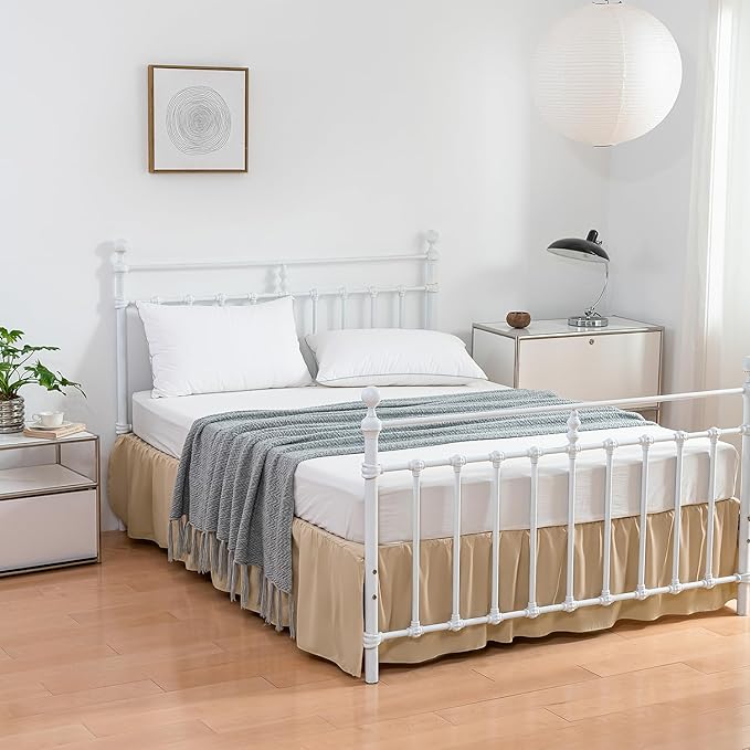 Bed Skirt King Size Ruffled Bed Skirts with Split Corners, 18 Inch Drop Dust Ruffle Bed Skirt with Platform, King, 18 Inch, Light Camel