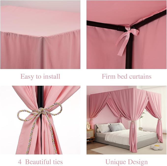Pink Canopy Bed Curtains - 4 Corner Post Bed Curtains King Lightproof Drapes Bed Canopy Curtains with Tie Backs for Adults & Girls Bedroom Decoration(Pink,King)