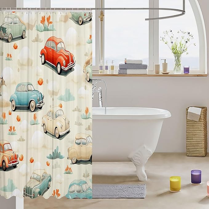 Feelyou Cartoon Car Fabric Shower Curtain for Kids Boys Girls Vintage Retro Car Bathroom Waterproof Accessories with 12 Hooks Colorful Shower Curtain Car Curtains,72x84 Inches