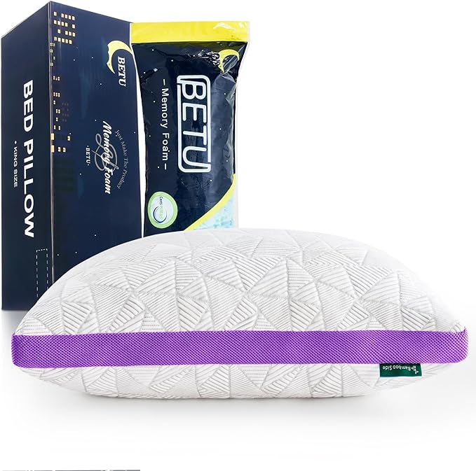 BETU Cooling King Pillow, Shredded Memory Foam Cool Pillow for Hot Sleepers, Adjustable Firm Soft Support Bed Pillows Perfect for Back Neck Pain and Side Sleeping with Pillow Case Cover, Purple