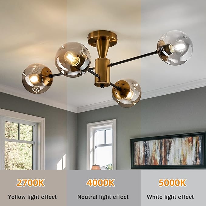 Modern Semi Flush Mount Ceiling Light Fixture, 4-Light Gold Mid Century Chandelier with Glass Globe,Ceiling Lighting for Dinning Room Farmhouse Kitchen Bedroom Living Room.