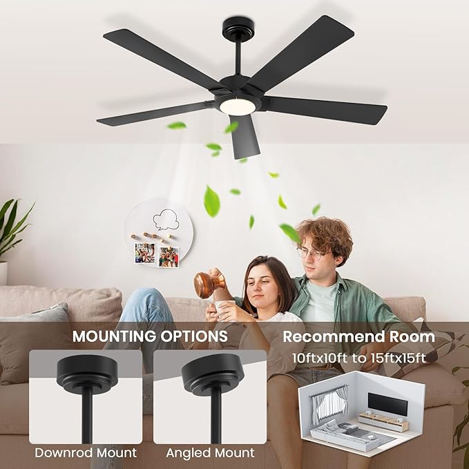 GESUM Black Ceiling Fan with Light, 52 In Outdoor Ceiling Fan for Patio, 5 Reversible Blades, Dimmable, 3CCT, Smart Ceiling Fan with Remote/App Control for Living Room Kitchen Bedroom (Black)