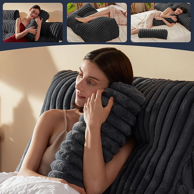 Faux Fur Headboard Pillow with 2 Pack Neck Roll Pillow Large Headboard Pillow Soft and Supportive with Removable Cover (Grey, Twin)