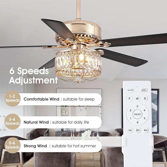 Chandelier Ceiling Fans with Lights - 52 Inch Modern Farmhouse Fandelier Ceiling Fan with Remote, Crystal Ceiling Fan Light for Bedroom Living Dining Room, Dual Finish Wooden Blades, Gold