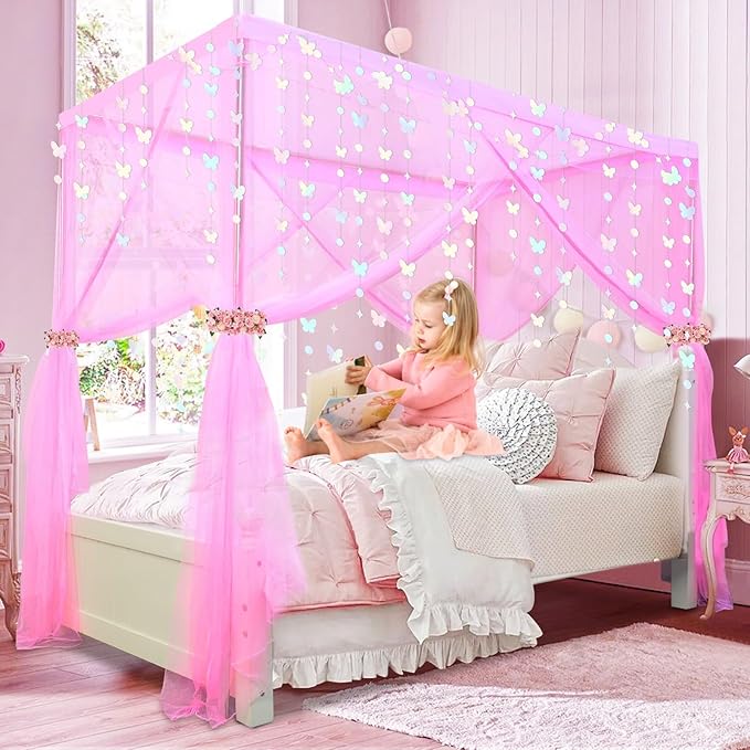 tupi Canopy Bed Curtains -Twin Bed Canopy for Girls, Pink Girls Canopy for Twin Bed, Princess Bed Drapes Polyester Netting - 4 Corner Bed Curtain Bedroom Decor, 79"L x 39'' W x 75"H, Easy to Install