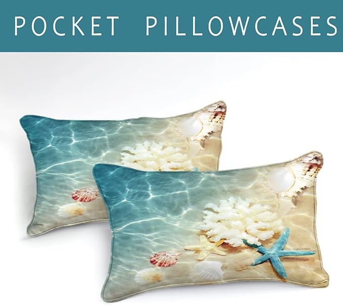 Bedbay California King Comforter Set Beach Themed Bedding California King Beach Comforter Set Coastal Beach Starfish Pattern Oversized 4 Pieces Beach Quilt Comforter Set(104" Wx96 L)