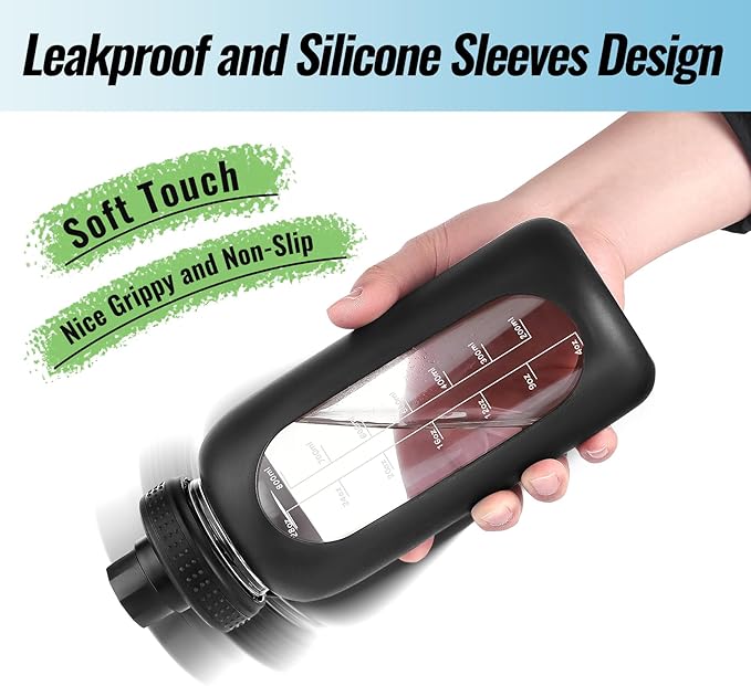 32 oz Glass Water Bottle with Straw and Handle, Sports Motivational Water Flask with Silicone Sleeve, Large Leakproof Water Flask Cup with Time Marker for Travel, Gym, Sage