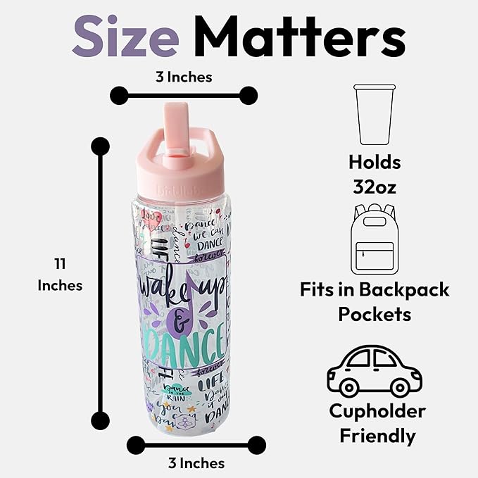 32oz Dance Water Bottle with Straw | BPA-Free Reusable Bottles for Dancer, Girls, Teen, Ballerina | Great Recital Gifts, Birthday Gift or Present for Dance Teacher