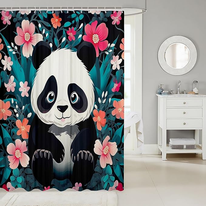 Feelyou Panda Fabric Shower Curtain Cute Panda Shower Curtain for Boys Girls Cartoon Bathroom Waterproof Accessories with 12 Hooks Flower Pattern Curtains,72x78 Inches