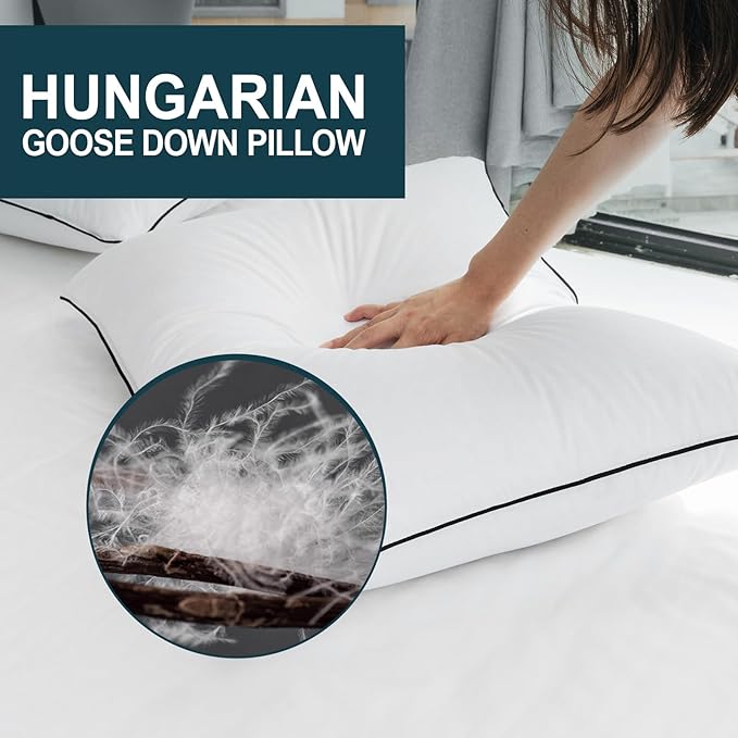 Hungarian Goose Down Pillows Queen Size, Bed Pillows for Sleeping, Pillow for Back, Stomach or Side Sleepers, Ultimate Comfort, Queen