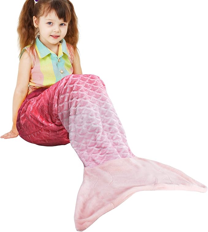 Catalonia Kids Mermaid Tail Blanket, Super Soft Plush Flannel Sleeping Snuggle Blanket for Girls, Rainbow Ombre, Fish Scale Pattern, Gift Idea