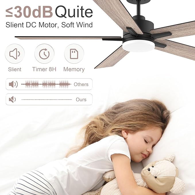 52” Smart Ceiling Fan with Lights Remote,Ultra Silent DC Motor,Control via Alexa Google Voice App Wifi,Outdoor Indoor Modern Ceiling Fans for Bedroom Patio Porch,Dimmable,Black Walnut Brown