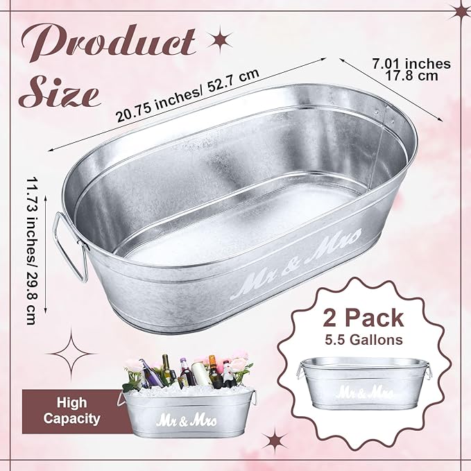 2 Pcs 5.5 Gallons Galvanized Tubs,Large Beverage Tubs,Drink Buckets for Parties with Handles,Metal Ice Buckets for Parties Galvanized Bucket for Wedding Halloween Christmas(Mr and Mrs)
