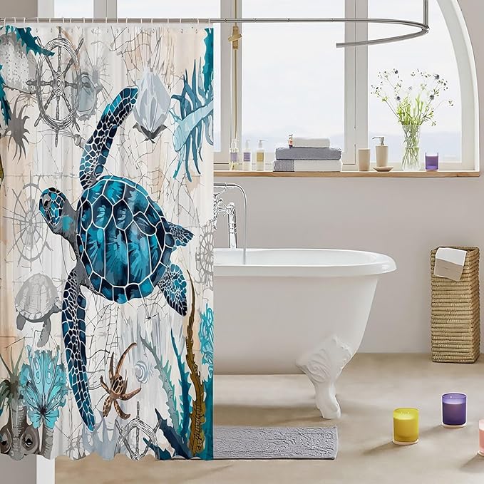 Feelyou Sea Turtle Shower Curtain Ocean Sailboat Compass Fabric Shower Curtain for Kids Boys Girls Nautical Theme Bathroom Waterproof Accessories with 12 Hooks Ocean Creature Curtains,72x72 Inches