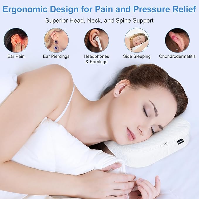 Piercing Pillow with Ear Hole, Memory Foam Ear Pillow for More Comfortable Side Sleeping, Pillows for CNH, Ear Pain Relief, Inflammation, Pressure Sores, Travel, White