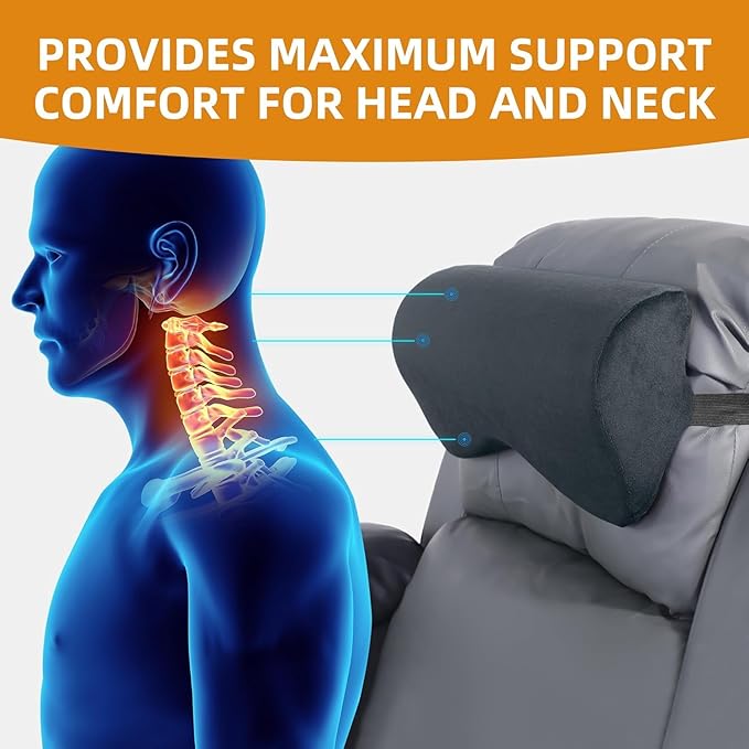 HOMBYS Cervial Recliner Neck Pillow for Pain Relief, Foam Headrest Pillow with Strap for Securing, Extra Large & Non-Slip Neck Pillow for Recliner, Sofa, Office Chair, Car, Dark Grey