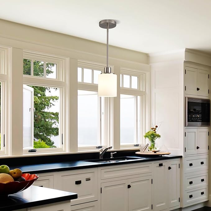 Brushed Nickel Pendant Lights Kitchen Island - Milk Glass Pendant Light Fixture Multiple Stems Rods 3 Units 12 Inch 3 Units 4 Inch (2 Pack Brushed Nickel Downrod)