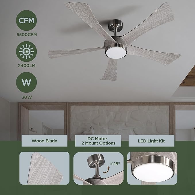 Ceiling Fan with Light Remote: 52 Inch Modern Bedroom Fans with Dimmable Tri-Color Temperatures LED - Water Transfer Printing 5 Blades (Brushed Nickel+Gray-5)