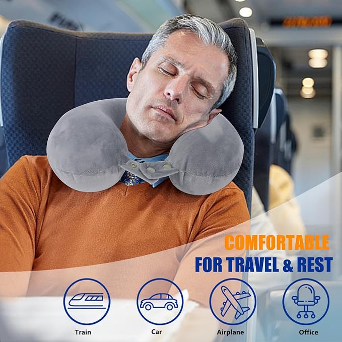 SAIREIDER Travel Pillows for Sleeping Airplane 100% Pure Memory Foam Neck Pillow for Airplanes Washable Cover with Storage Bag (Grey)