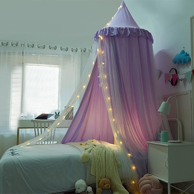 VETHIN Bed Canopy for Kids with Lights,Double Layer Princess Round Dome Children Dreamy Mosquito Net Bedding Girls Room Castle Play Tent Hanging House Decor Reading Nook Canopies(Purple/White)