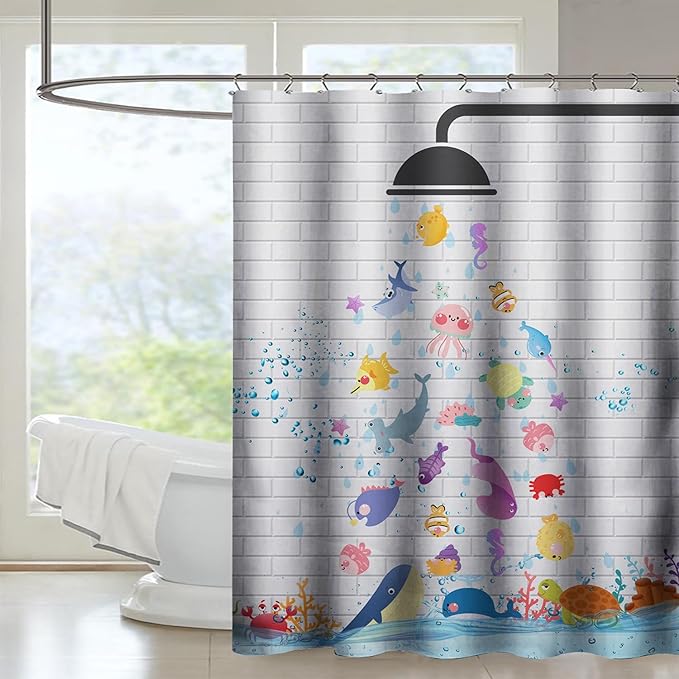 AILONEN Cute Fish Shower Curtain for Kids 72" W*84" H Inch,Raining Marine Animal Playing Water Shower Curtains,12 Pack Hooks Polyester Waterproof Fabric Decor for Bathroom Bathtub Panels