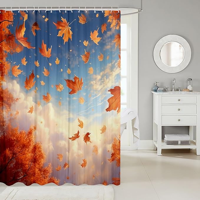 Feelyou Maple Leaf Shower Curtain Autumn Fabric Shower Curtain for Kids Nutrue Theme Bathroom Waterproof Accessories with 12 Hooks Women Men Sky Cloud Curtains,72x84 Inches