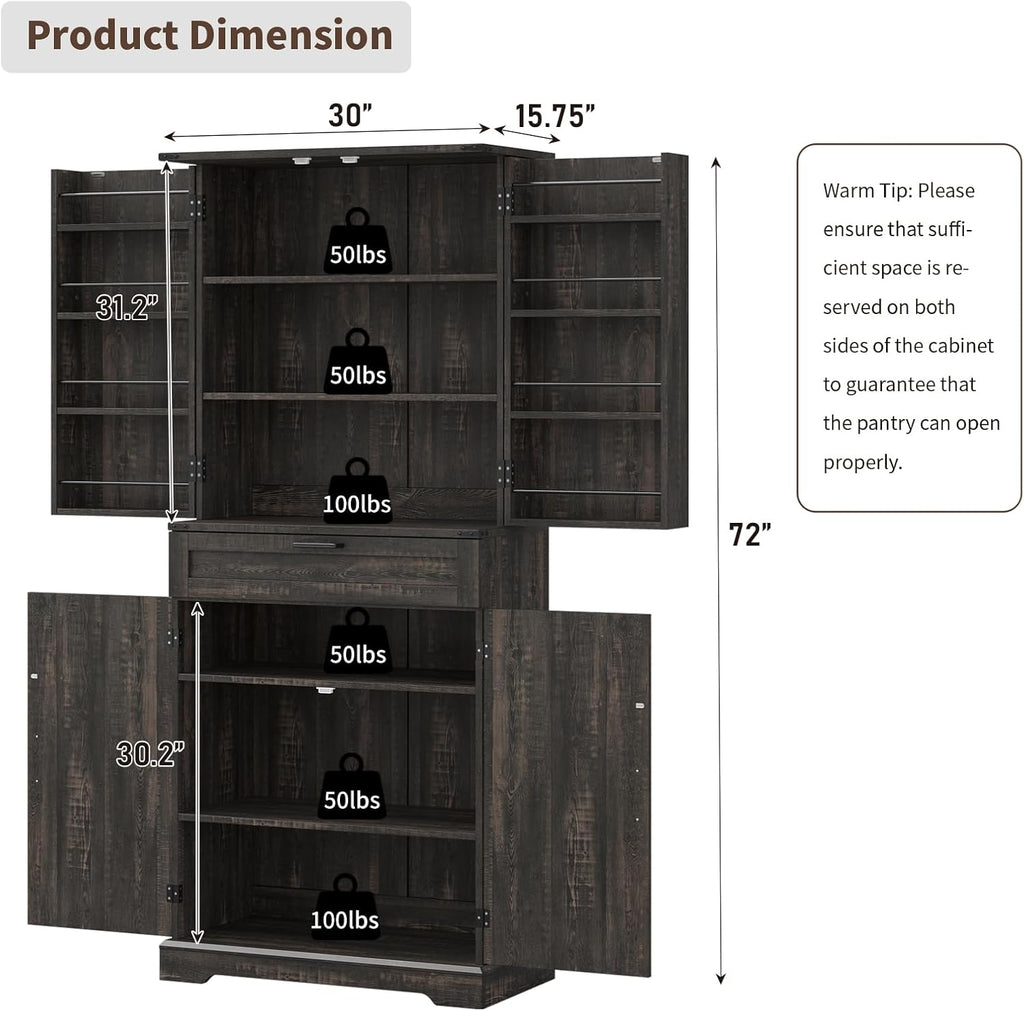 72'' Kitchen Storage Pantry Cabinet, Tall Storage Cabinet with 8 Door Shelves, 2 Cabinets and 1 Drawer, Freestanding Cupboard for Kitchen, Dining Room, Bathroom, Laundry, Living Room, Dark Rustic Oak