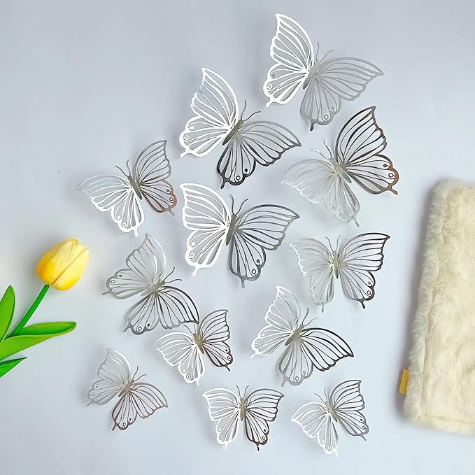 3D Butterfly Wall Decor 3 Sizes 4 Styles, Kurilai 48Pcs Butterfly Decorations Party Birthday Cake Decoration, Removable Wall Stickers for Kids Nursery Wedding Bedroom Room Decor (Silver)
