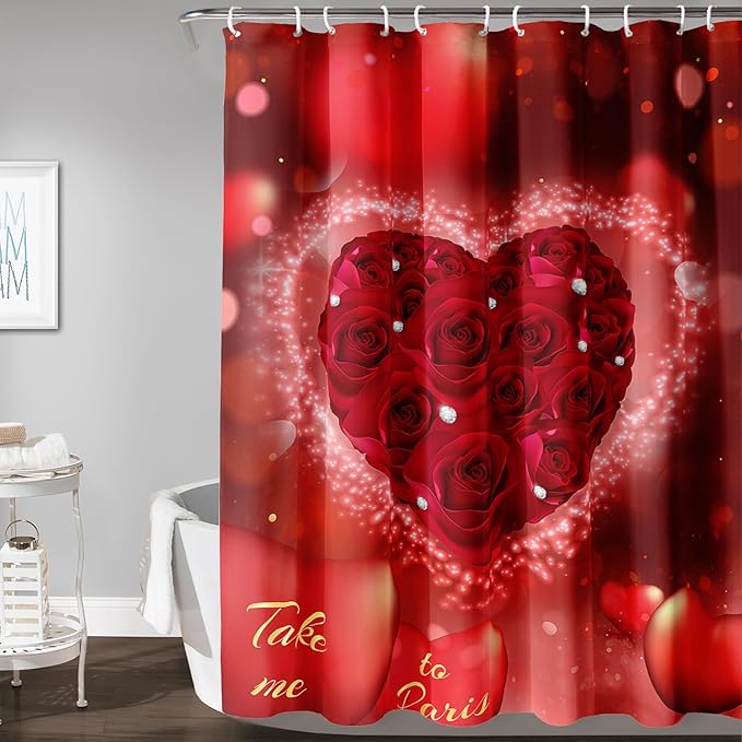 AILONEN Red Rose Hearts Printed Shower Curtain,Romantic Rose Lover Couple Bath Curtain,Fantasy Love Hearts Red Curtain for Bathroom Decor 60" W x 72" H,Waterproof