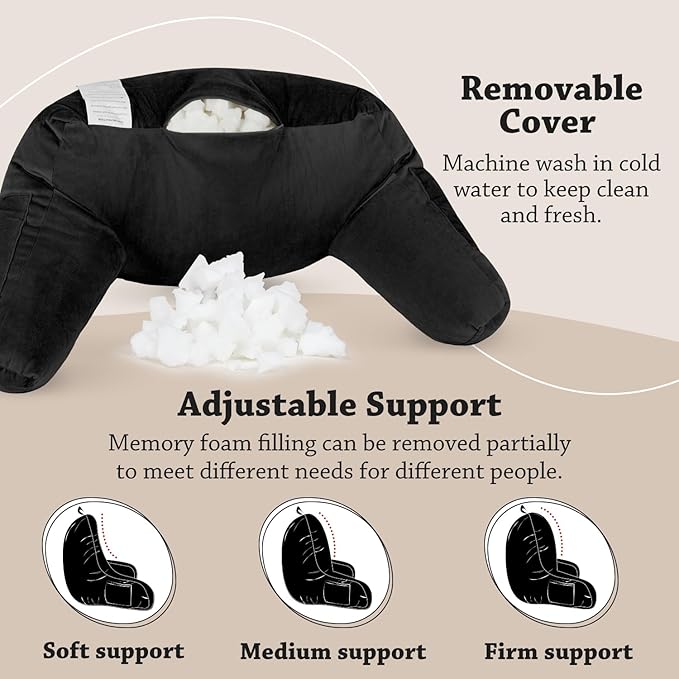 LOVTEX Reading Pillow with Removable Cover, Back Pillow for Sitting Up in Bed with Arms and Pockets, Bed Rest Pillow Adult, 20 x 15 Inches(Black)