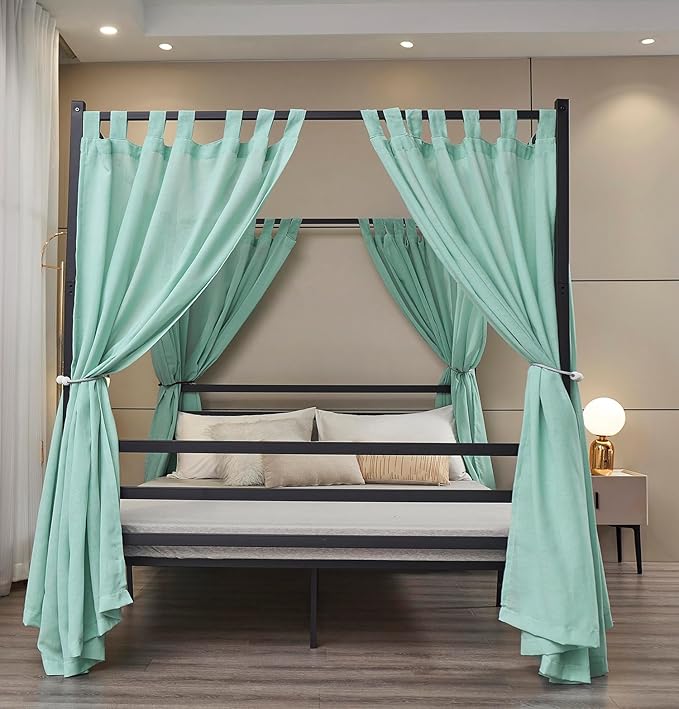 Mengersi Linen Canopy Bed Curtains for Twin,Full,Queen and King Size Bed,Bed Canopy Natural Blended Curtain Panels, 8 Panels Set (All Bed Sizes, Sea Mist)