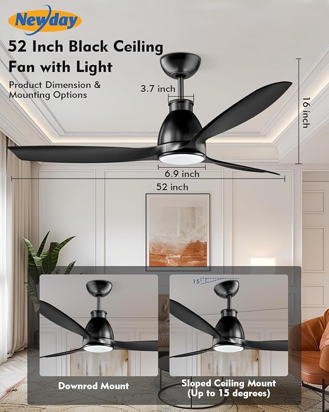 Newday 52 inch Ceiling Fans with Lights - Black Ceiling Fan with Light and Remote, 3 Blades 3 Colors Dimmable LED, 6 Speeds Reversible Quiet DC Motor Ceiling Fan For Living Room Bedroom Indoor Outdoor