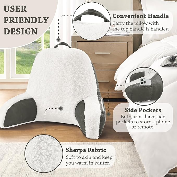LOVTEX Reading Pillow with Removable Cover, Back Pillow for Sitting Up in Bed with Arms and Pockets, Sherpa Bed Rest Pillow Adult, 20 x 15 Inches(Dark Grey and White)