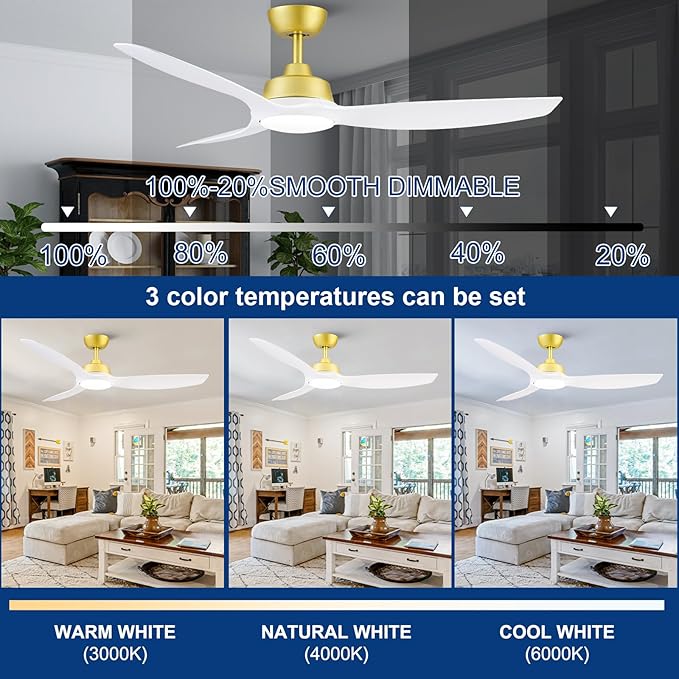 Sevenine Ceiling Fan with Light,White Gold Ceiling Fan,3 Blades,Downrod,6 Speed Adjustable,Dimmable LED,3 Timers,Reversible DC Motor, for Patio Living Room Bedroom Dining Room (White Gold, 52)