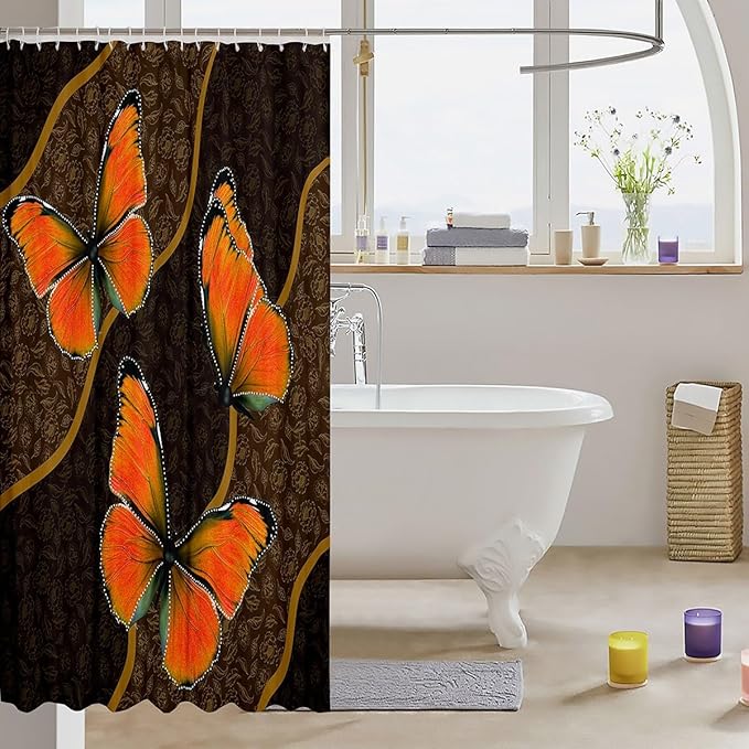 Feelyou Butterfly Shower Curtain 72"x84" Kids Butterflies Botanical Floral Print Bathroom Shower Curtain Set for Boys Girls Teens Geometric Stripes Bath Curtain Yellow Orange Bathroom Accessories