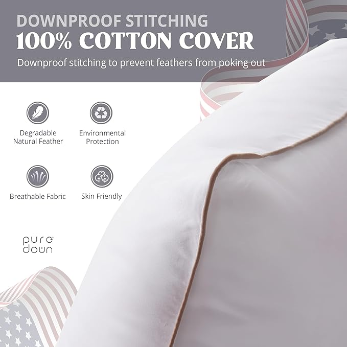 puredown® Goose Feathers Down Pillows Queen Size Set of 2 - Made in USA Soft Fluffy Hotel Pillow, 100% Cotton Cover, Luxury Medium Firm Bed Pillows for Back, Stomach or Side Sleeper.
