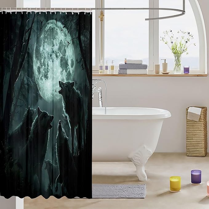 Feelyou Wolf Bath Curtain Wolves Howling Shower Curtain for Boys Girls Natural woles Bathroom Shower Curtain Set Animal Wolves Kids Bathroom Accessories 72"x72"