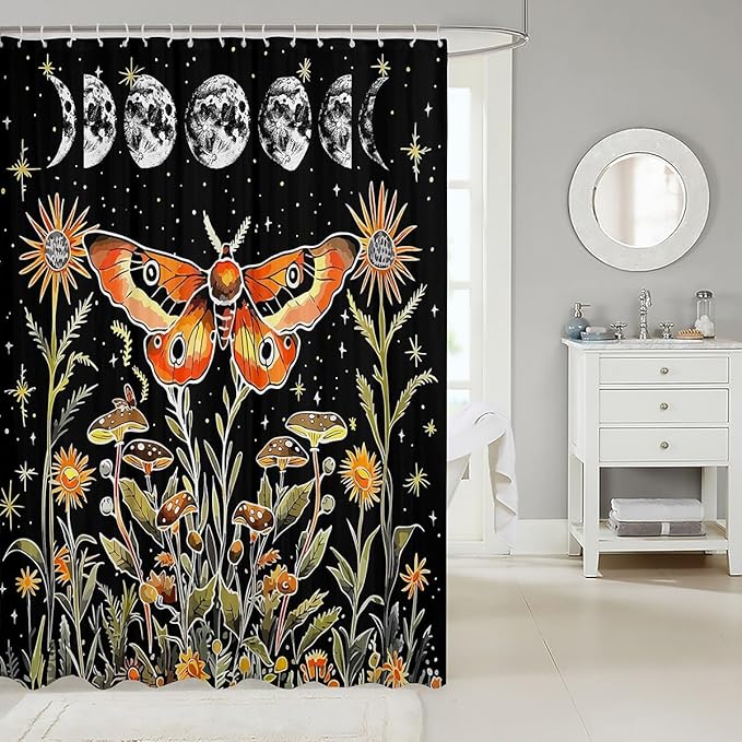 Feelyou Death Moth Shower Curtain Hippy Mushroom Fabric Shower Curtain for Kids Boys Girls Colour Bathroom Waterproof Accessories with 12 Hooks Bohemian Style Curtains,72x78 Inches