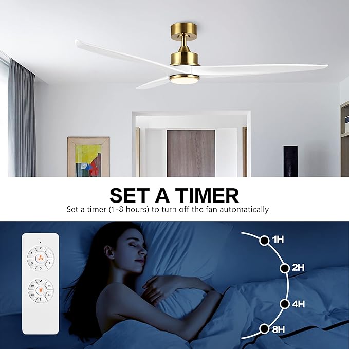 WINGBO 60 Inch DC Ceiling Fan with Lights and Remote Control, 3 Reversible Carved Wood Blades, 6-Speed Noiseless DC Motor, Modern Ceiling Fan in Brass Finish with White Blades