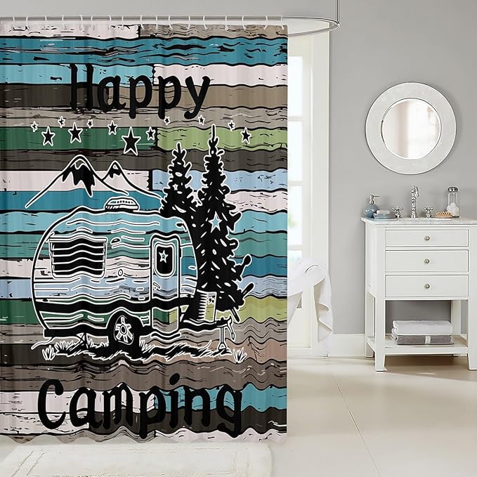 Feelyou Camper Shower Curtain Happy Camping Fabric Shower Curtain for Kids Boys Girls Wooden Rustic Style Bathroom Waterproof Accessories with 12 Hooks Rv Camping Curtains,72x72 Inches