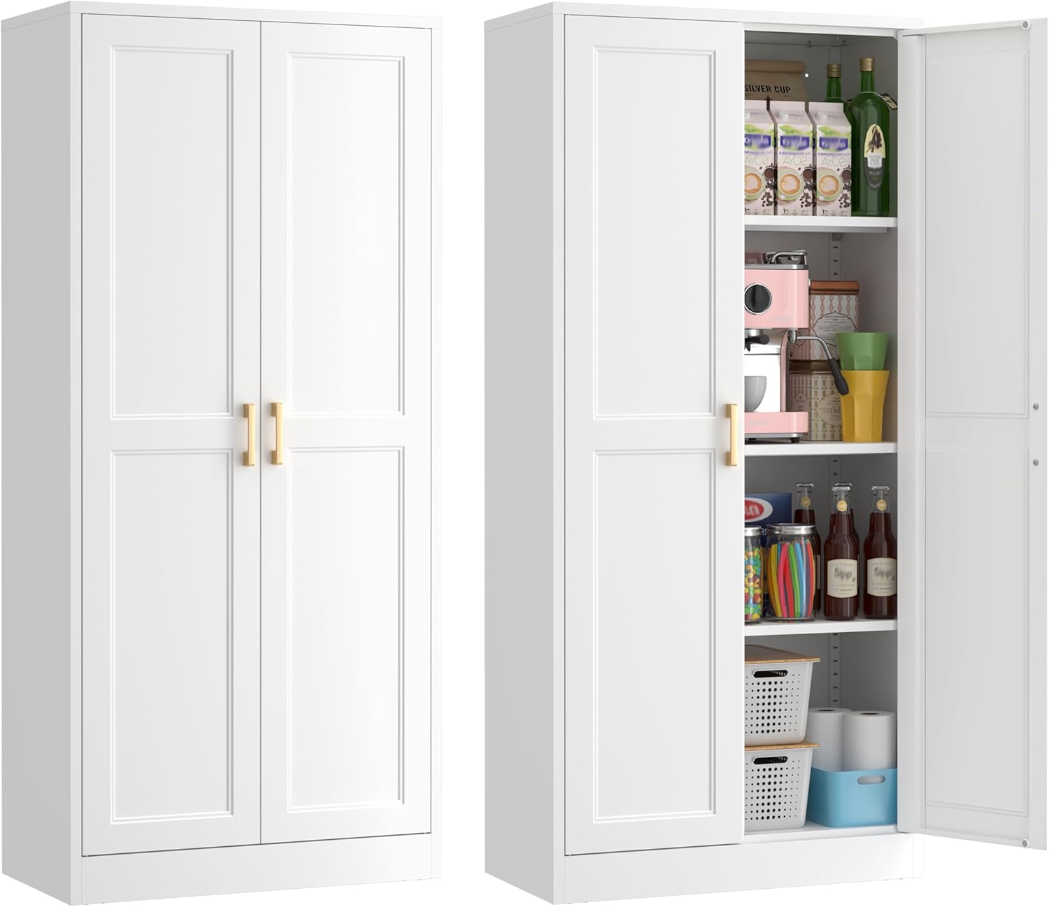 60" Tall Metal Pantry Cabinet, White Kitchen Pantry Storage Cabinet with 3 Adjustable Shelves and Gold Handles, Cupboard for Kitchen, Dining Room, Living Room, Bathroom