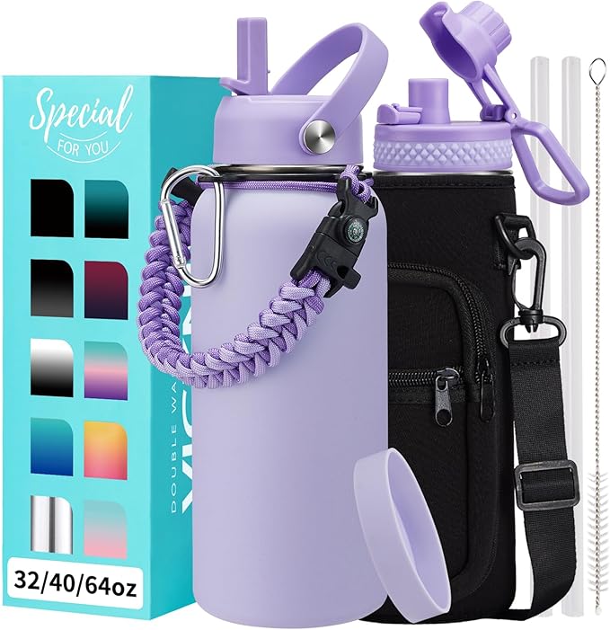 32/40/64 OZ Insulated Water Bottle - with Straw Auto Spout Lid, 32 oz Water Bottles Sleeve, Paracord Handle, Protective Boot, Metal Thermos Stainless Steel Flask Cup for Women Work Sports Gym Travel